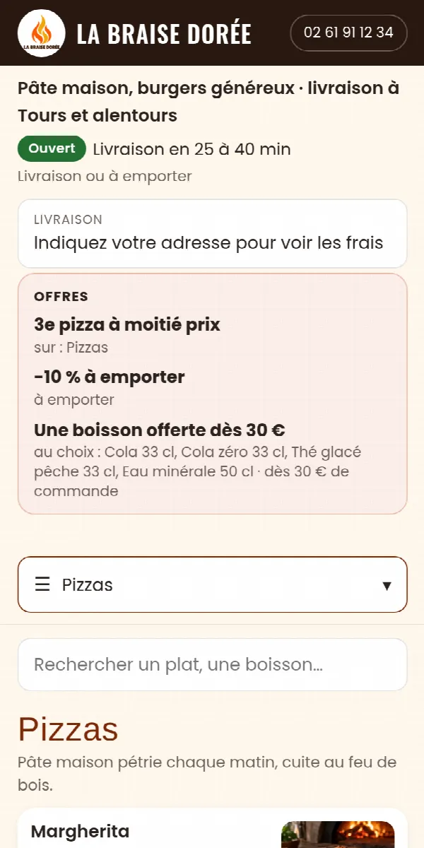 Page Commander d'un restaurant fictif : statut ouvert, délai de livraison, offres du moment, catégories