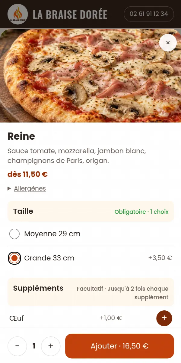 Fiche d'une pizza : taille obligatoire, suppléments, prix mis à jour