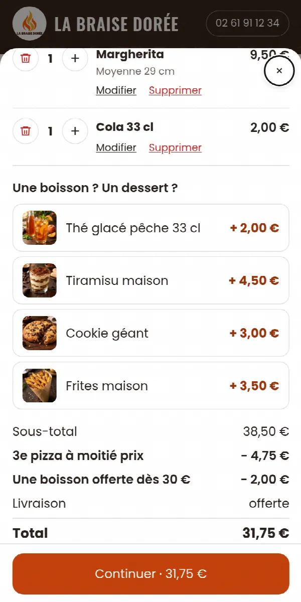 Panier : la 3e pizza à moitié prix et une boisson offerte, livraison offerte