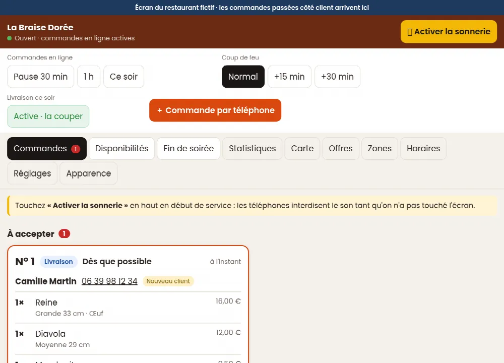 Écran Commandes d'un restaurant fictif : nouvelle commande à accepter, réglages du service